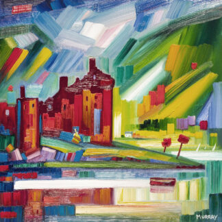 An abstract painting with vibrant, textured strokes depicting an urban landscape with buildings and a reflective body of water. By Raymond Murray